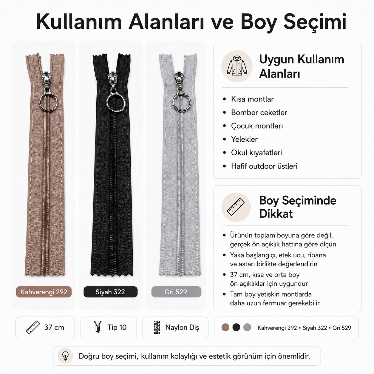 37 cm Tip 10 Naylon Mont Fermuarı – Açık Uçlu Separé